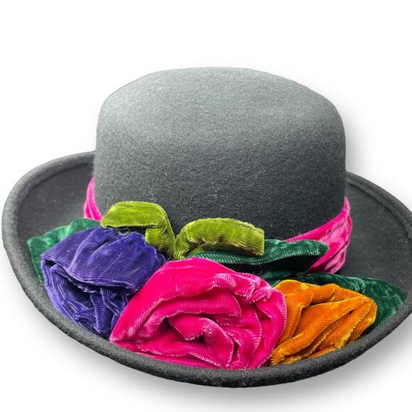 Vintage Toucan New York Hat 100% Wool Felt Bowler Derby Fedora Flowers Made USA - Picture 9 of 9